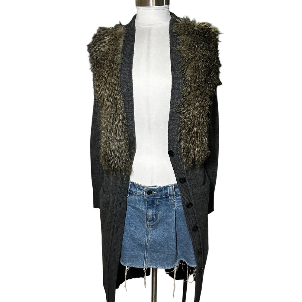 Ann Taylor Long Cardigan XS Gray Wool Aplaca Faux Fur Collar - Picture 3 of 7